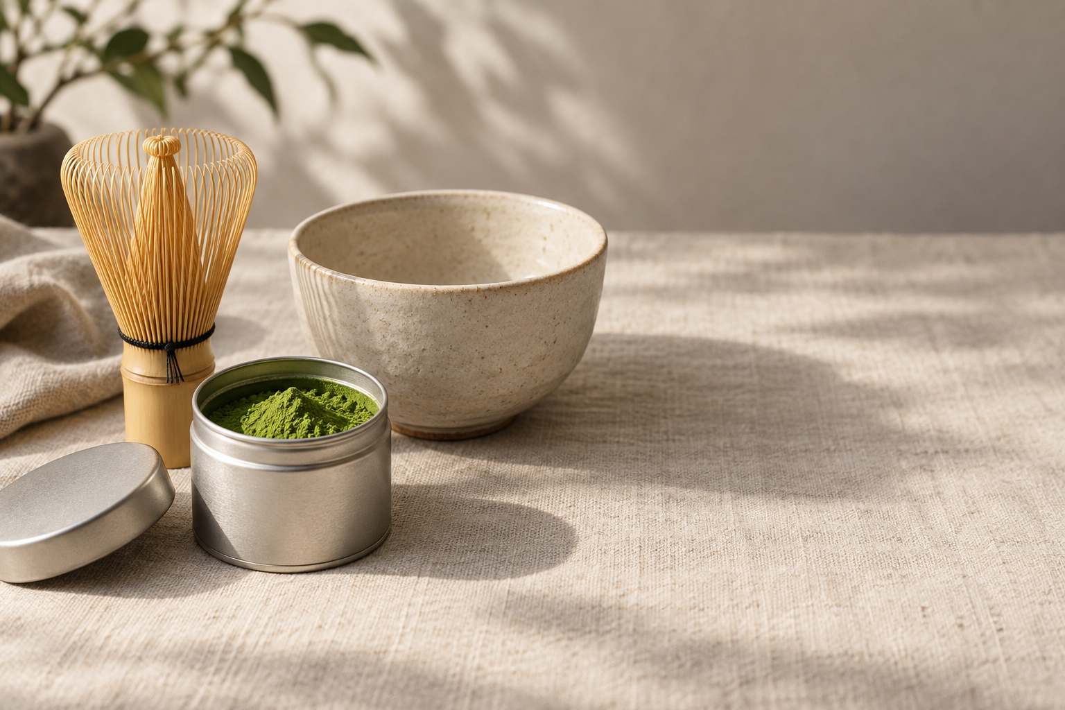 Matcha powder, bamboo whisk and ceramic tea bowl on linen